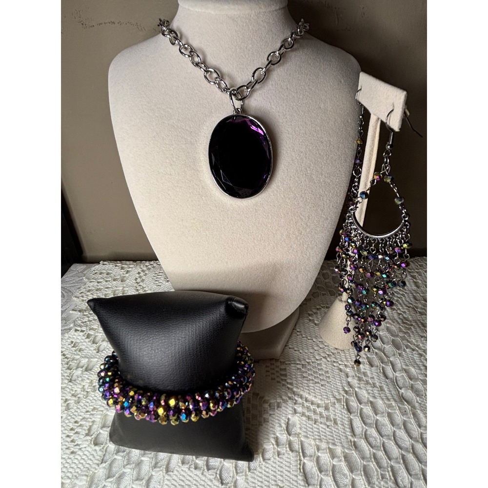 Paparazzi Oil Spill Iridescent Bead Jewelry Set Purple Stone Necklace Earrings
